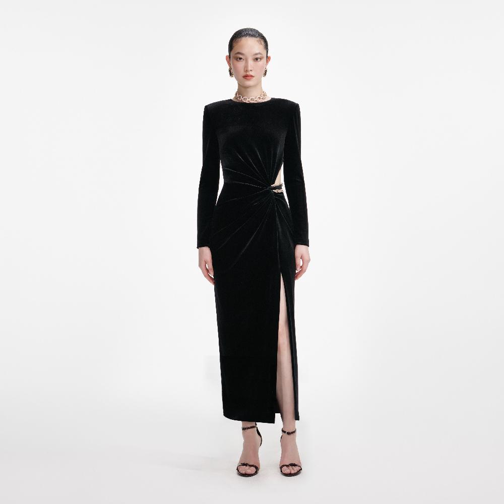 self portrait Black Velvet Embellished Midi Dress CLOTHING