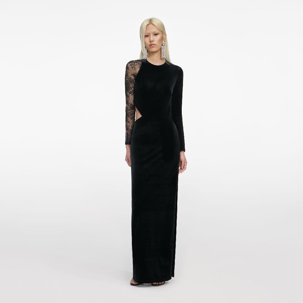 self portrait Black Velvet Lace Maxi Dress CLOTHING