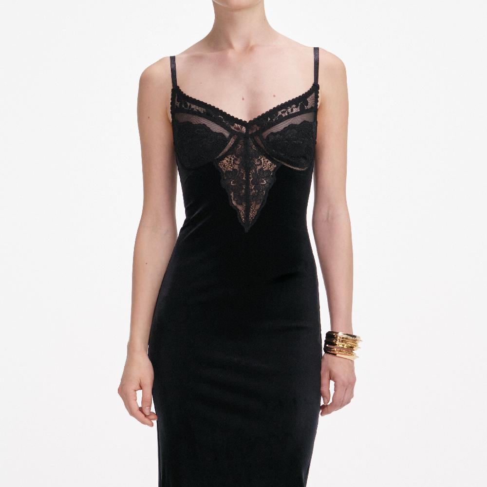 Self Portrait Black Velvet Strappy Midi Dress CLOTHING