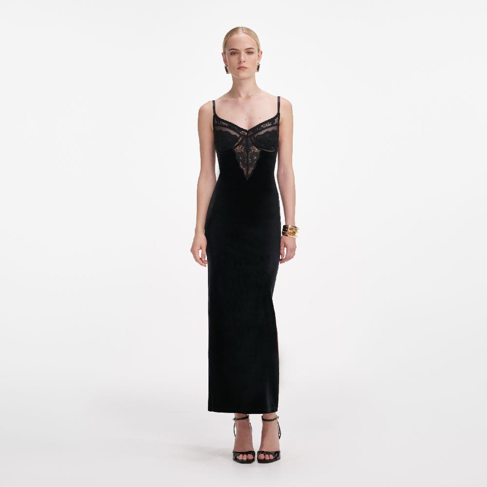 self portrait Black Velvet Strappy Midi Dress CLOTHING