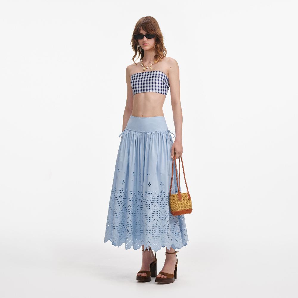Self Portrait Blue Cotton Broderie Midi Skirt CLOTHING