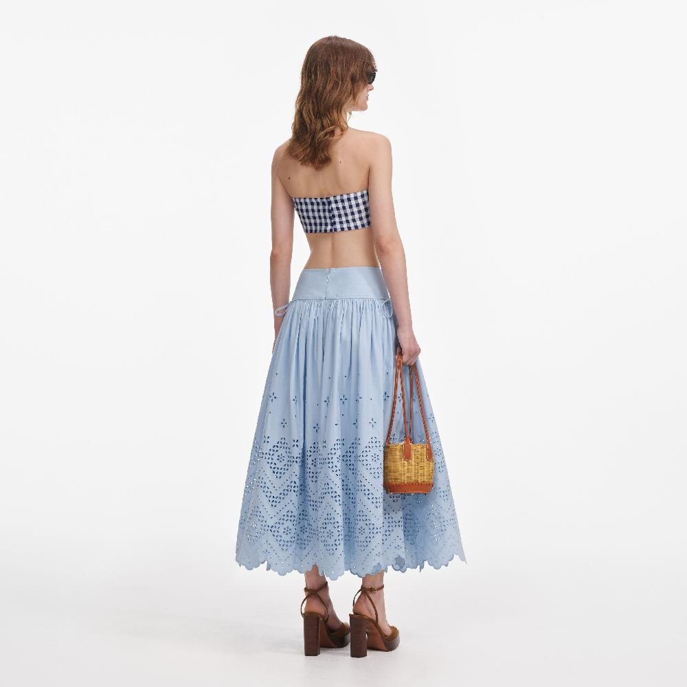 Self Portrait Blue Cotton Broderie Midi Skirt CLOTHING