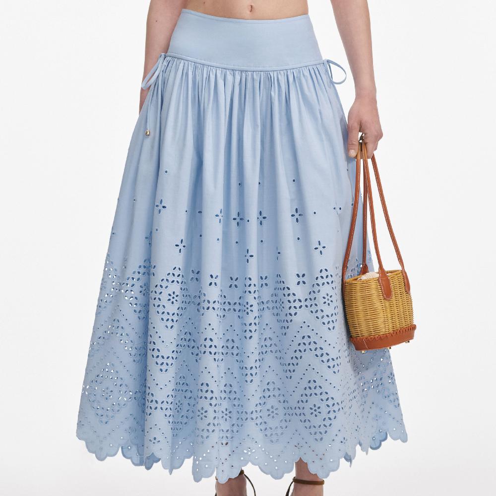 Self Portrait Blue Cotton Broderie Midi Skirt CLOTHING