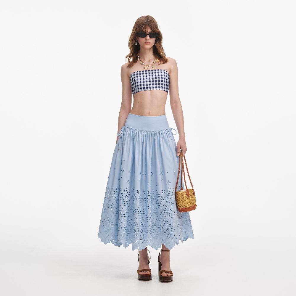 self portrait Blue Cotton Broderie Midi Skirt CLOTHING
