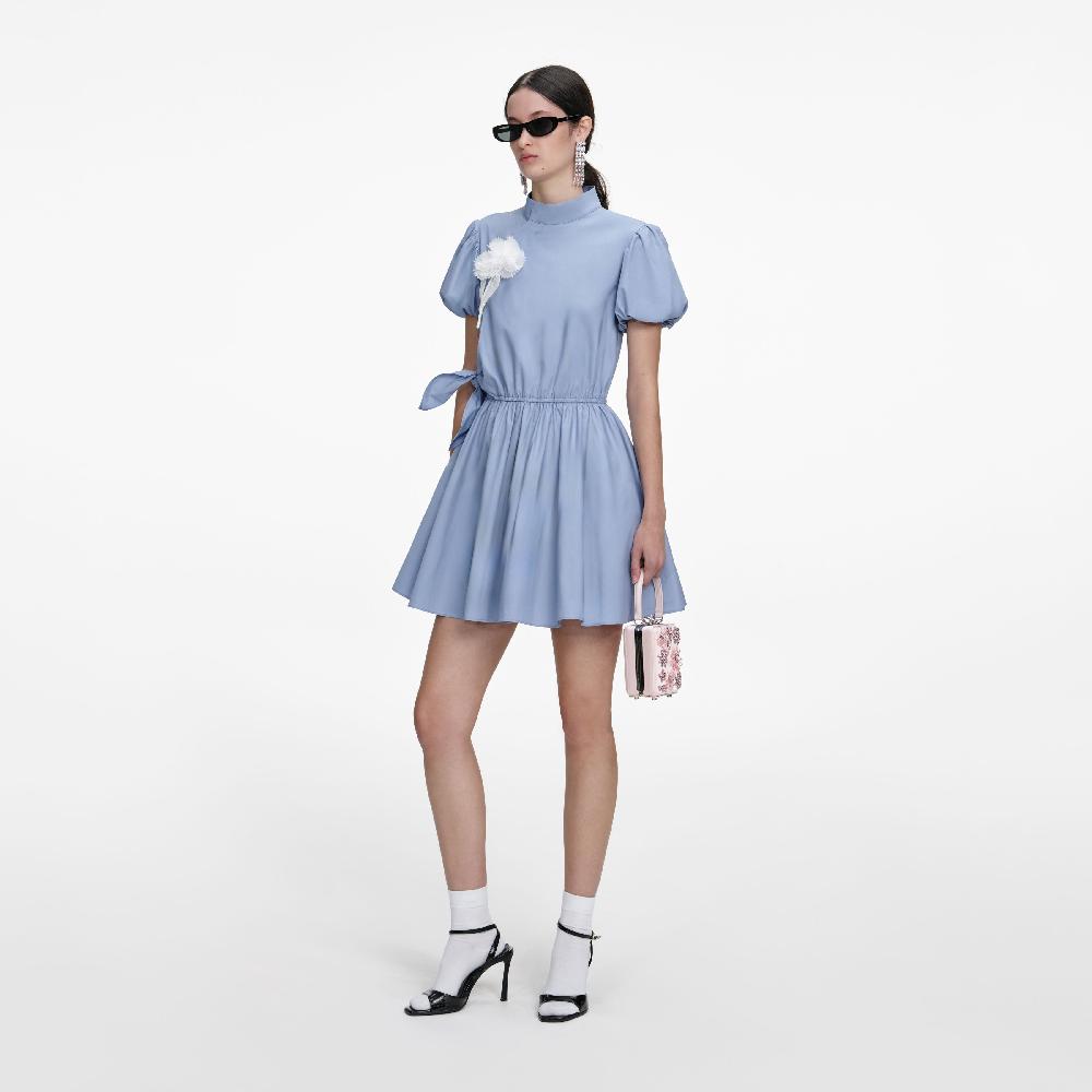 Self Portrait Blue Cotton Drape Mini Dress CLOTHING