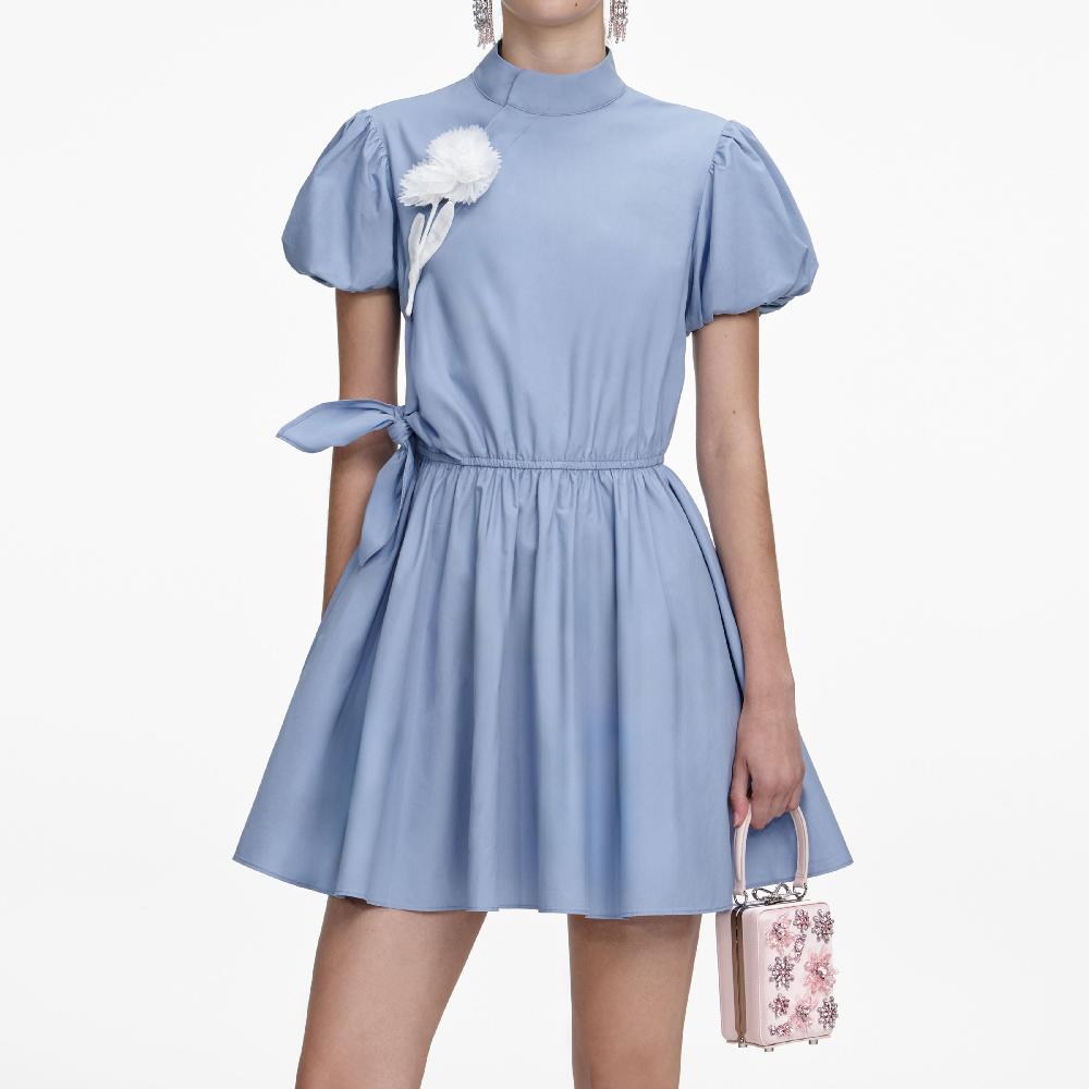 Self Portrait Blue Cotton Drape Mini Dress CLOTHING