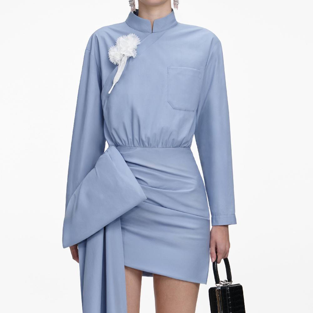 Self Portrait Blue Cotton Tie Side Mini Dress CLOTHING