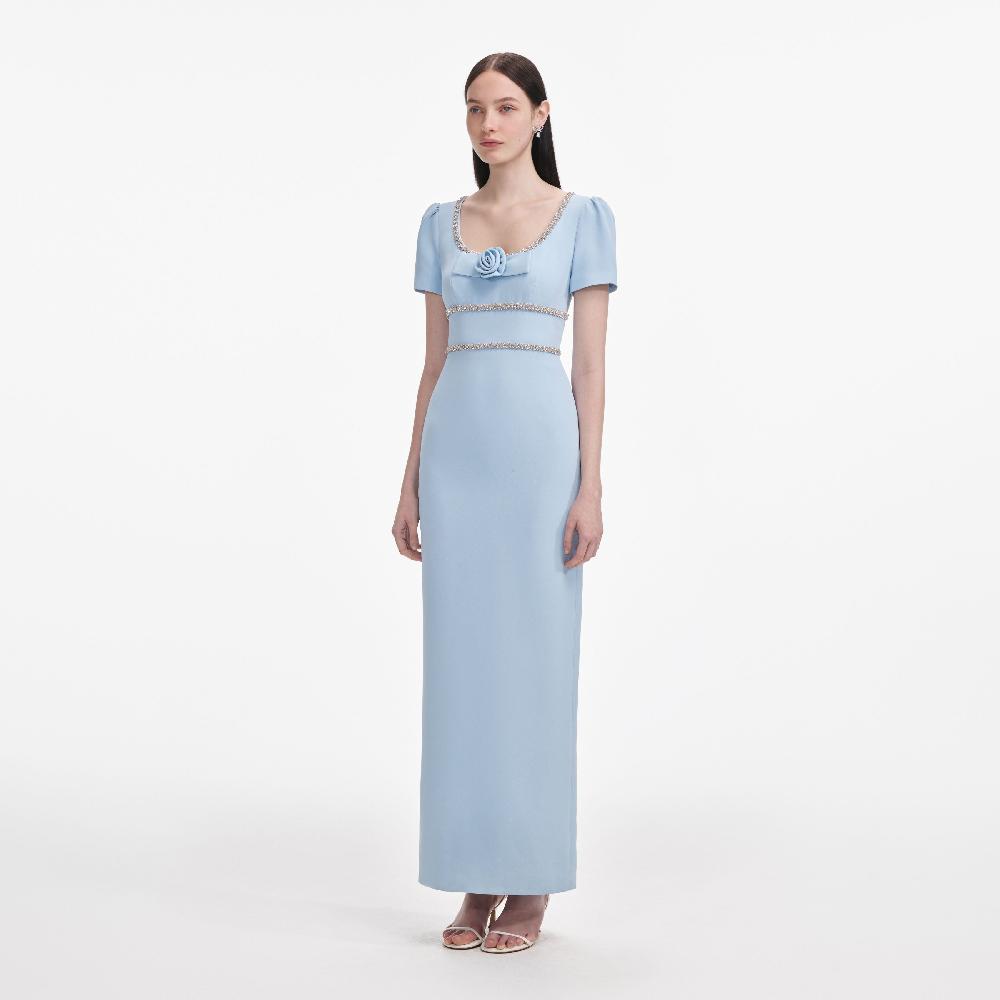 Self Portrait Blue Crepe Crystal Trim Maxi Dress CLOTHING