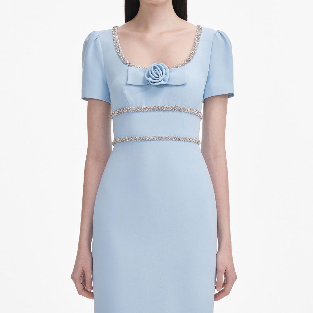 Self Portrait Blue Crepe Crystal Trim Maxi Dress CLOTHING