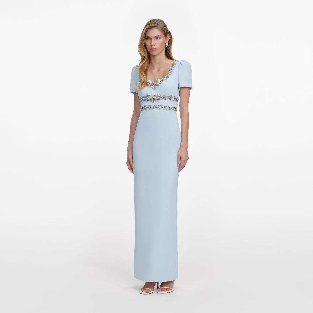 Self Portrait Blue Crepe Embellished Bow Maxi Dress CLOTHING