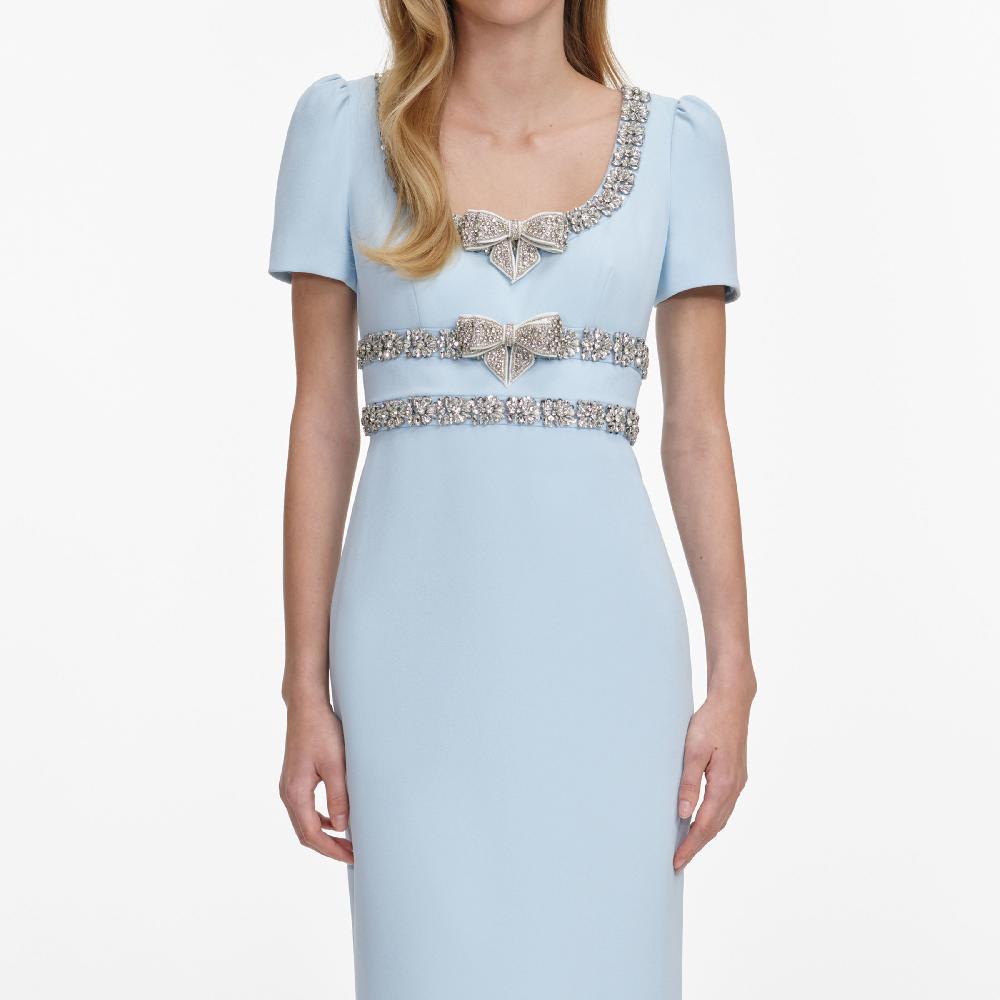 Self Portrait Blue Crepe Embellished Bow Maxi Dress CLOTHING