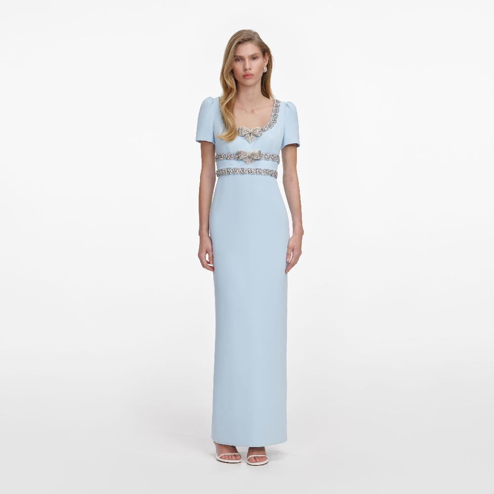 self portrait Blue Crepe Embellished Bow Maxi Dress CLOTHING