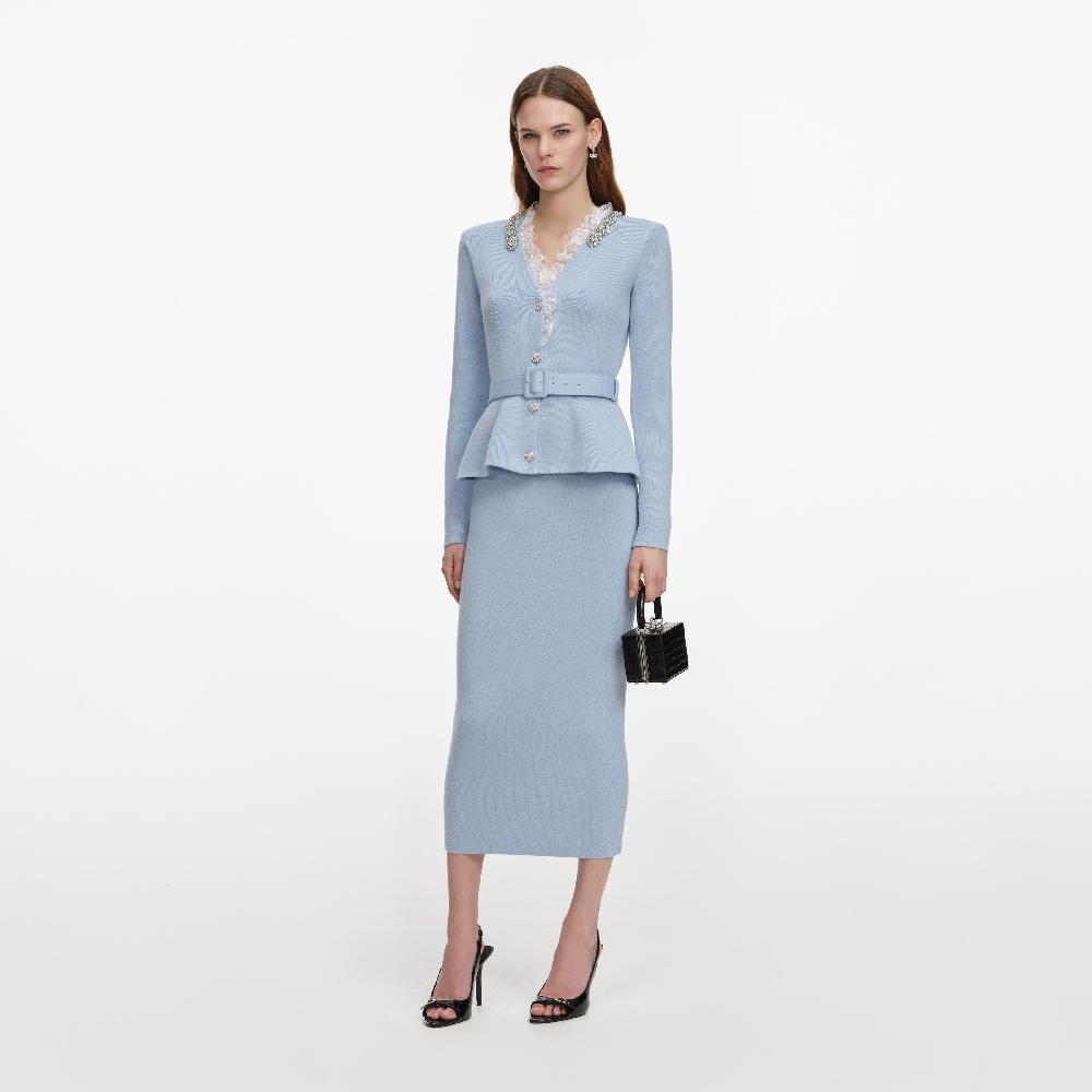 Self Portrait Blue Crystal Trim Knit Midi Dress CLOTHING