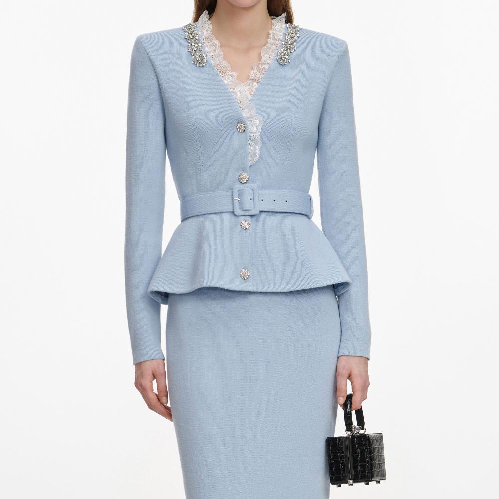 Self Portrait Blue Crystal Trim Knit Midi Dress CLOTHING