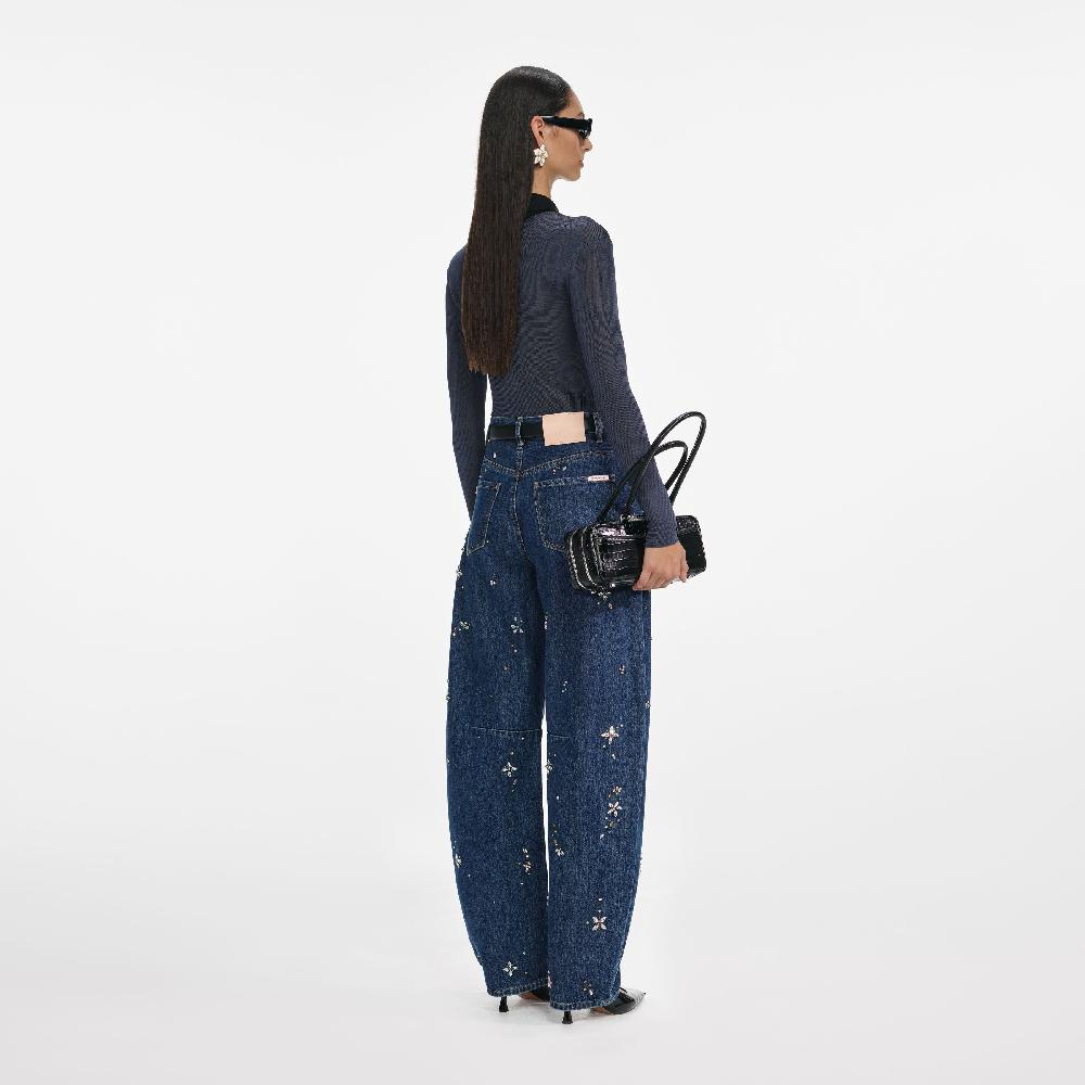 Self Portrait Blue Embellished Barrel Leg Jeans CLOTHING
