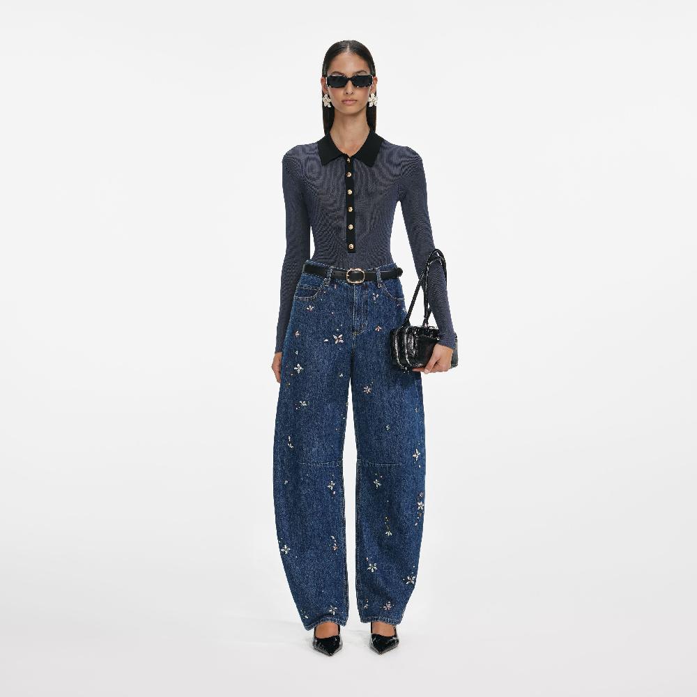 self portrait Blue Embellished Barrel Leg Jeans CLOTHING