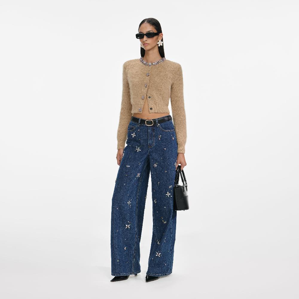 Self Portrait Blue Embellished Wide Leg Jeans CLOTHING