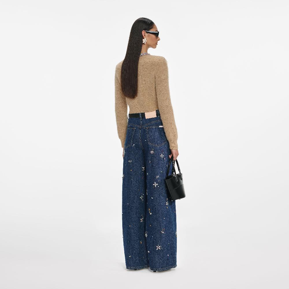 Self Portrait Blue Embellished Wide Leg Jeans CLOTHING
