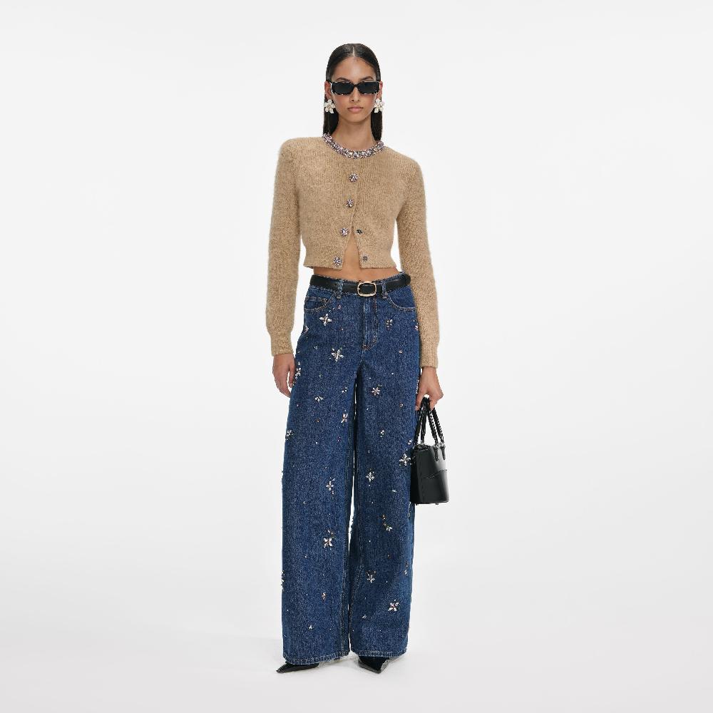 self portrait Blue Embellished Wide Leg Jeans CLOTHING