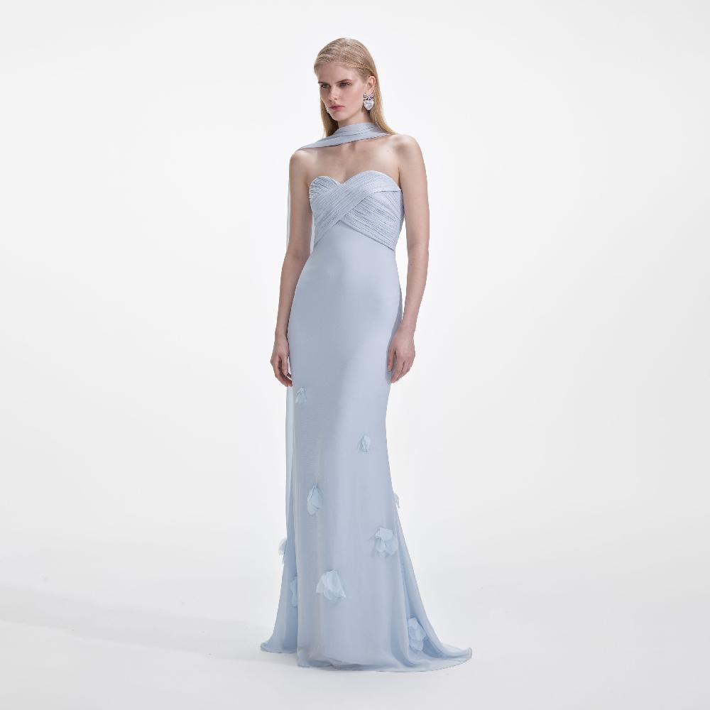 Self Portrait Blue Georgette Flower Maxi Dress CLOTHING