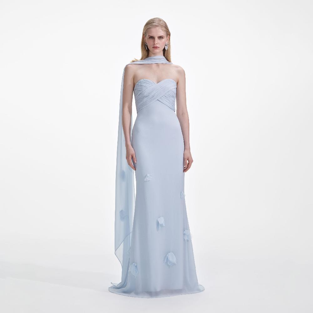 self portrait Blue Georgette Flower Maxi Dress CLOTHING