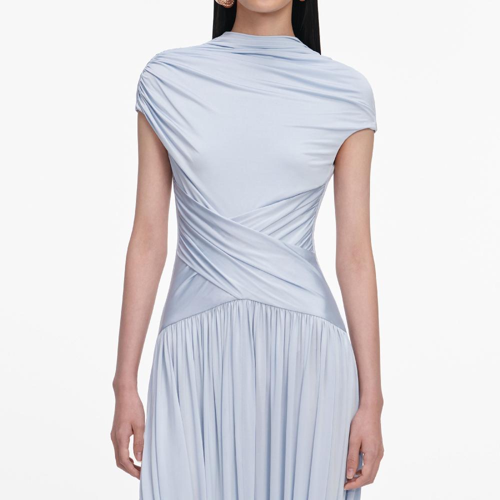 Self Portrait Blue Jersey Gathered Midi Dress CLOTHING