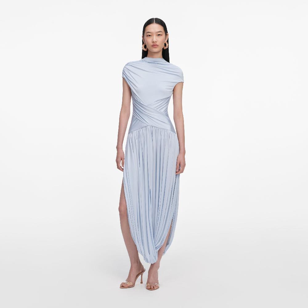 self portrait Blue Jersey Gathered Midi Dress CLOTHING