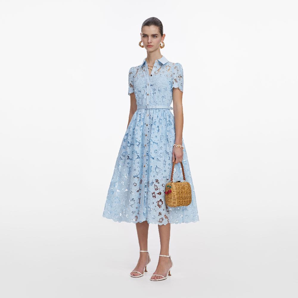 Self Portrait Blue Lace Collared Midi Dress CLOTHING