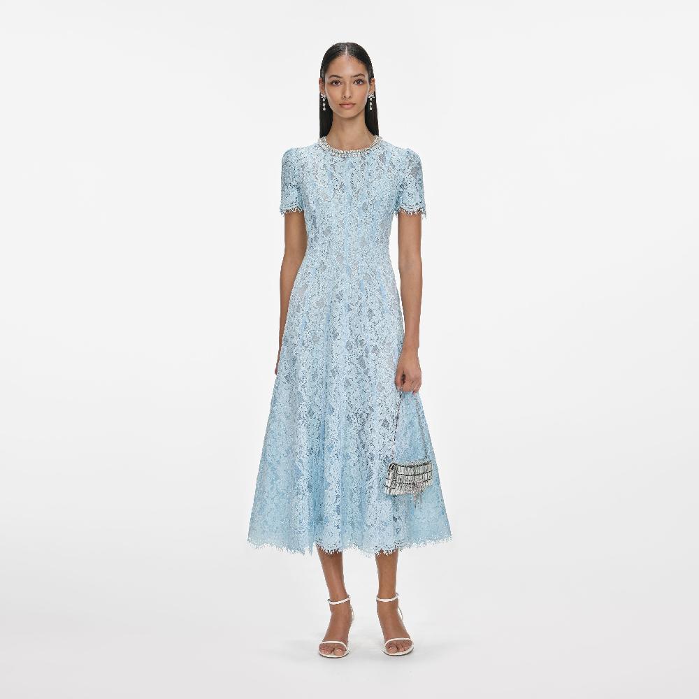 self portrait Blue Lace Embellished Midi Dress CLOTHING