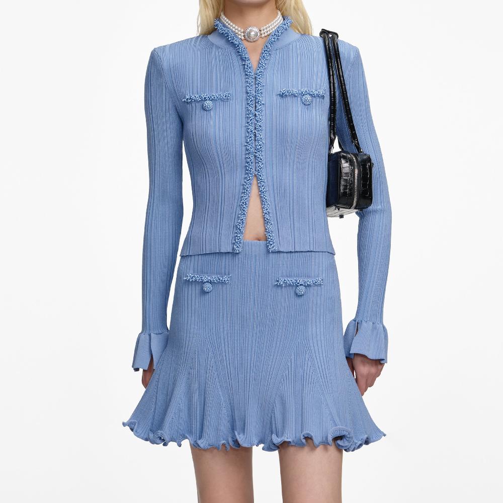 Self Portrait Blue Pearl Trim Knit Mini Skirt CLOTHING