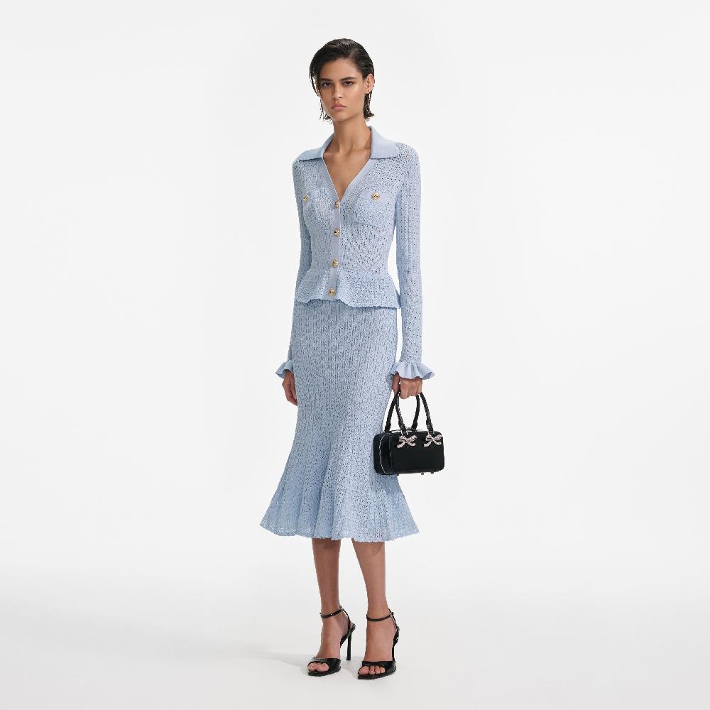 Self Portrait Blue Pointelle Peplum Knit Midi Dress CLOTHING