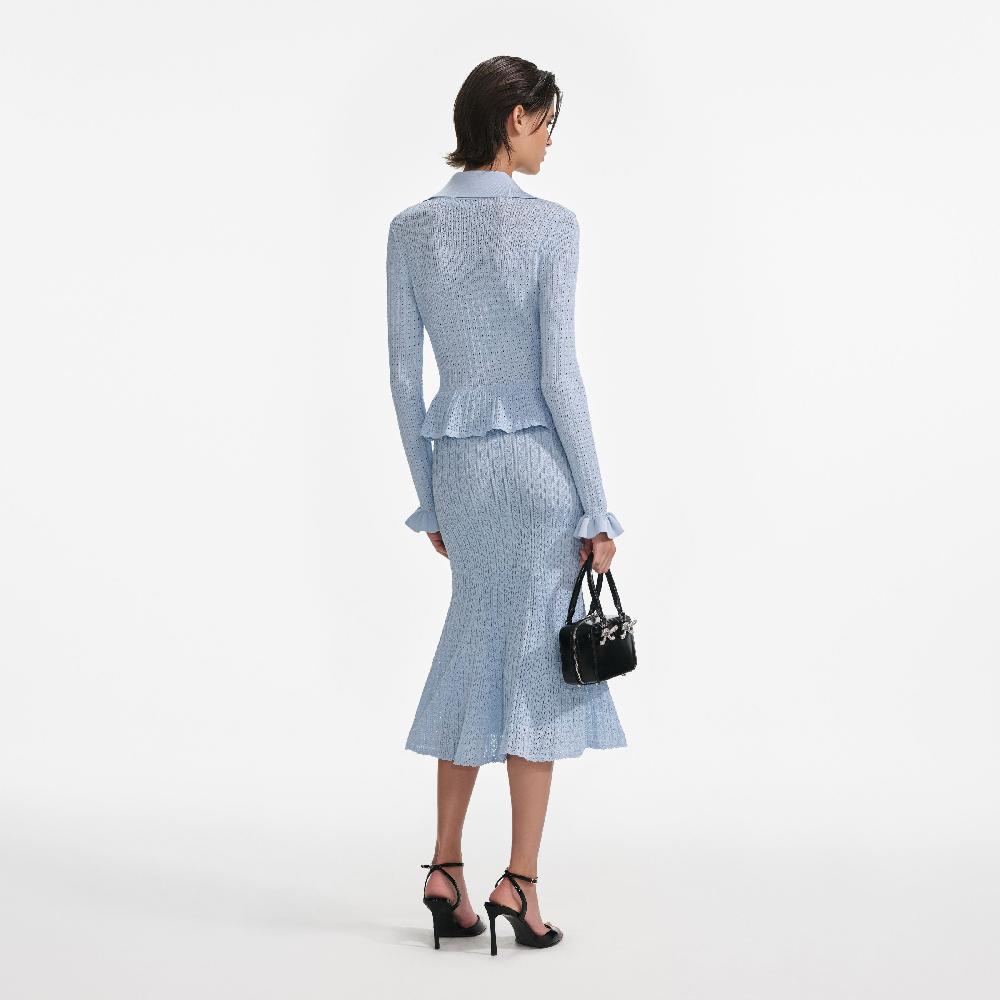 Self Portrait Blue Pointelle Peplum Knit Midi Dress CLOTHING