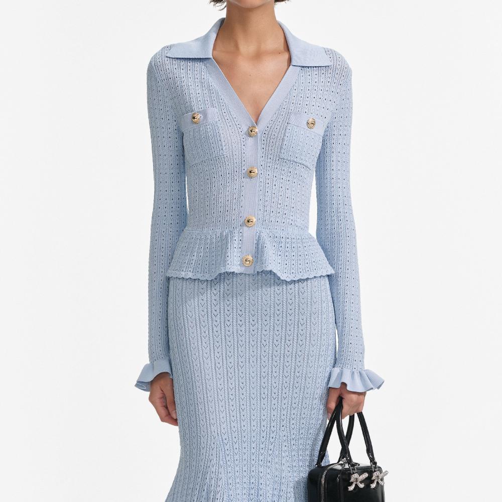 Self Portrait Blue Pointelle Peplum Knit Midi Dress CLOTHING