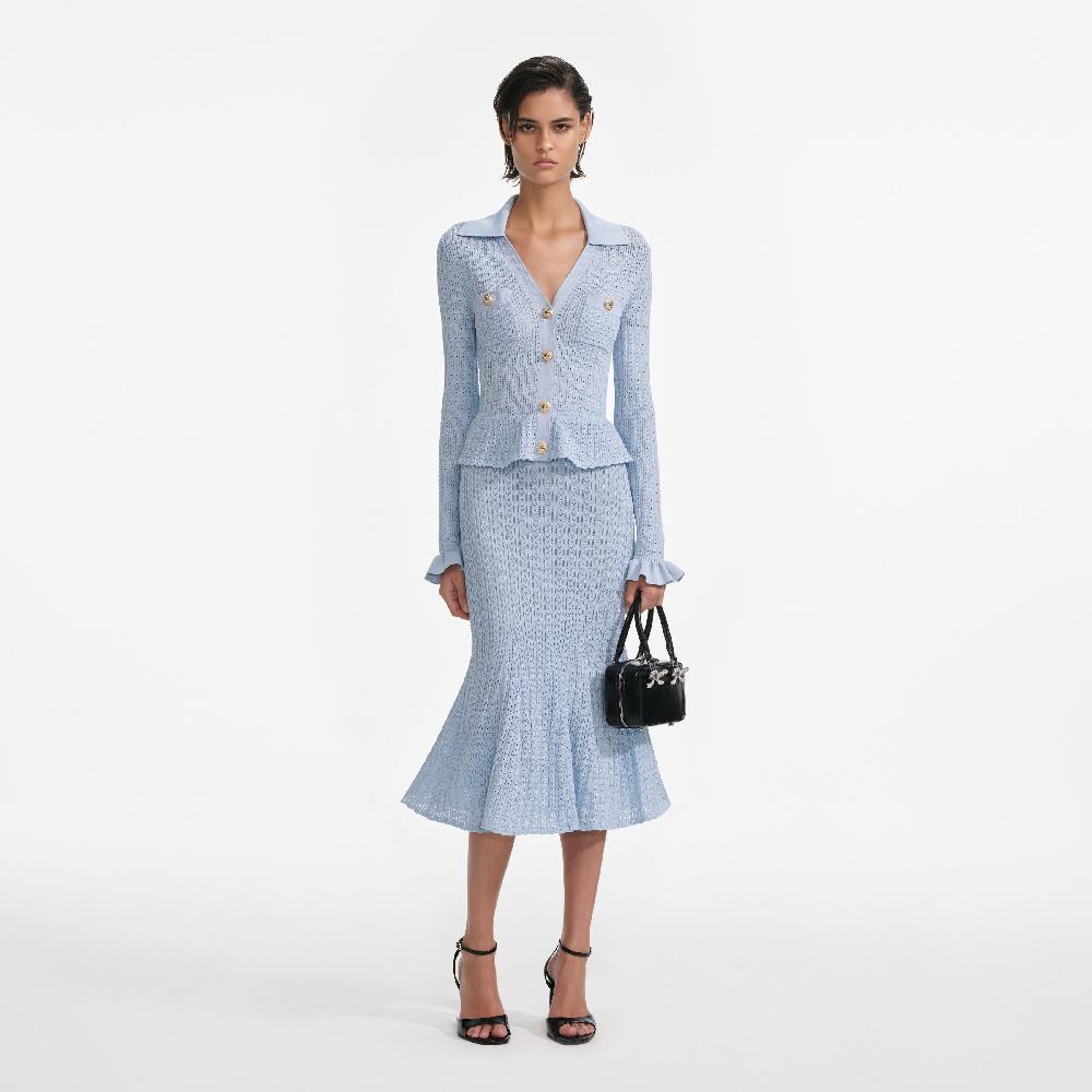 self portrait Blue Pointelle Peplum Knit Midi Dress CLOTHING