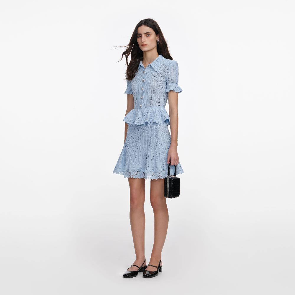 Self Portrait Blue Pointelle Peplum Knit Mini Dress CLOTHING