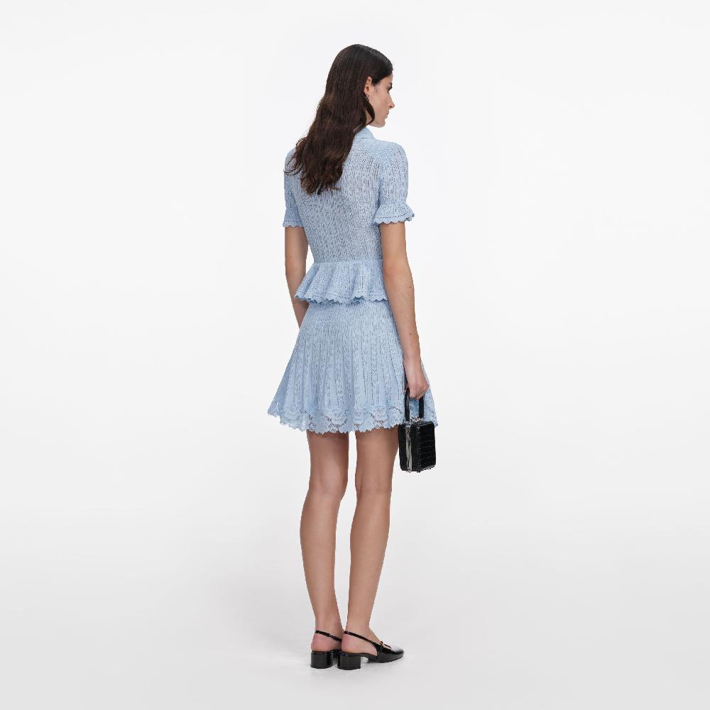 Self Portrait Blue Pointelle Peplum Knit Mini Dress CLOTHING