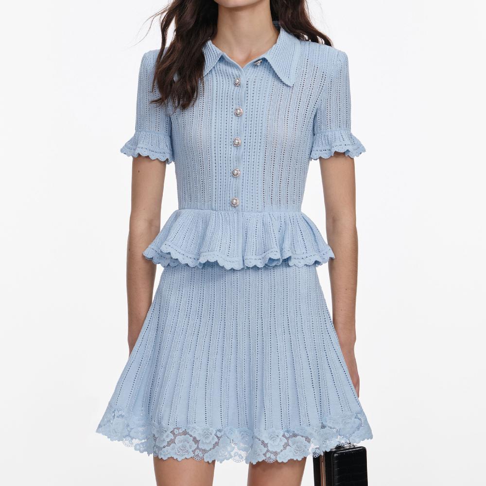 Self Portrait Blue Pointelle Peplum Knit Mini Dress CLOTHING