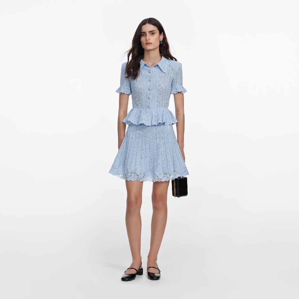 self portrait Blue Pointelle Peplum Knit Mini Dress CLOTHING