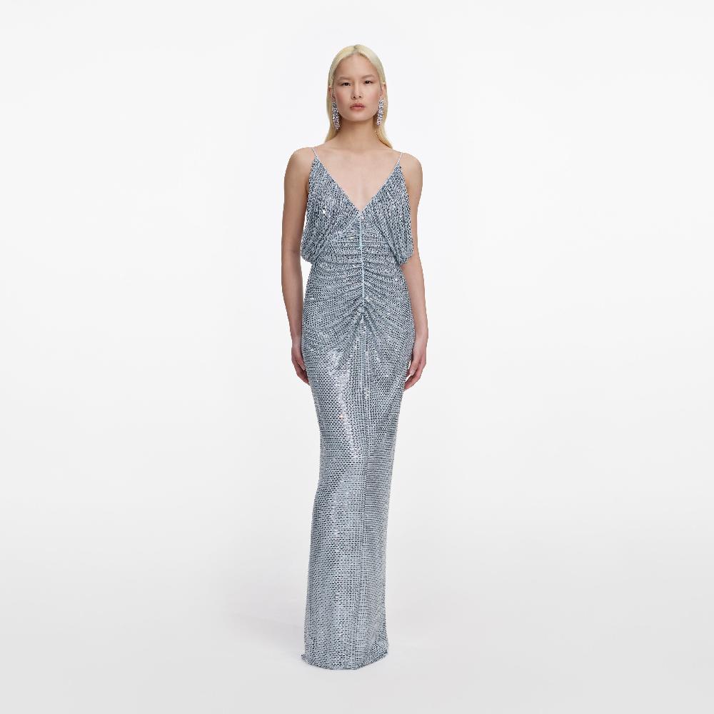 self portrait Blue Rhinestone Mesh Maxi Dress CLOTHING