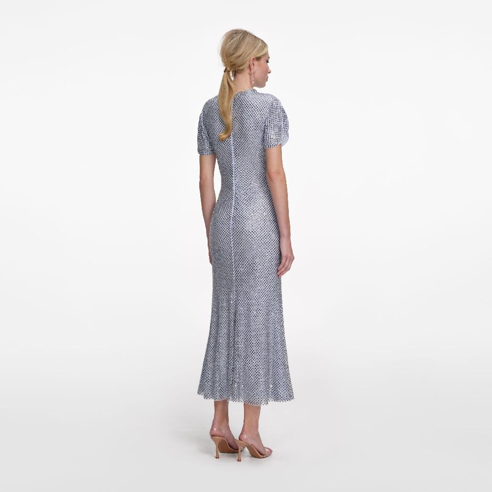 Self Portrait Blue Rhinestone Mesh Midi Dress CLOTHING