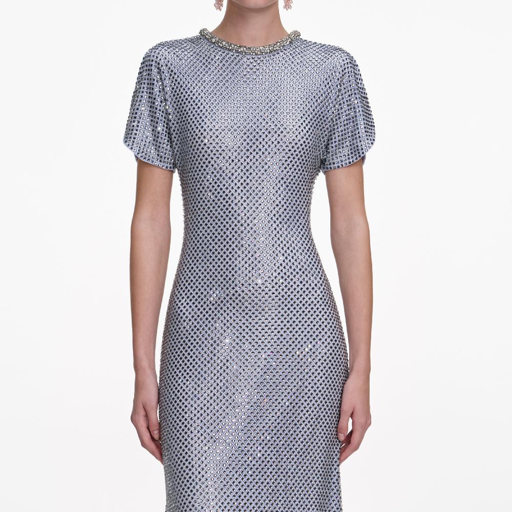 Self Portrait Blue Rhinestone Mesh Midi Dress CLOTHING