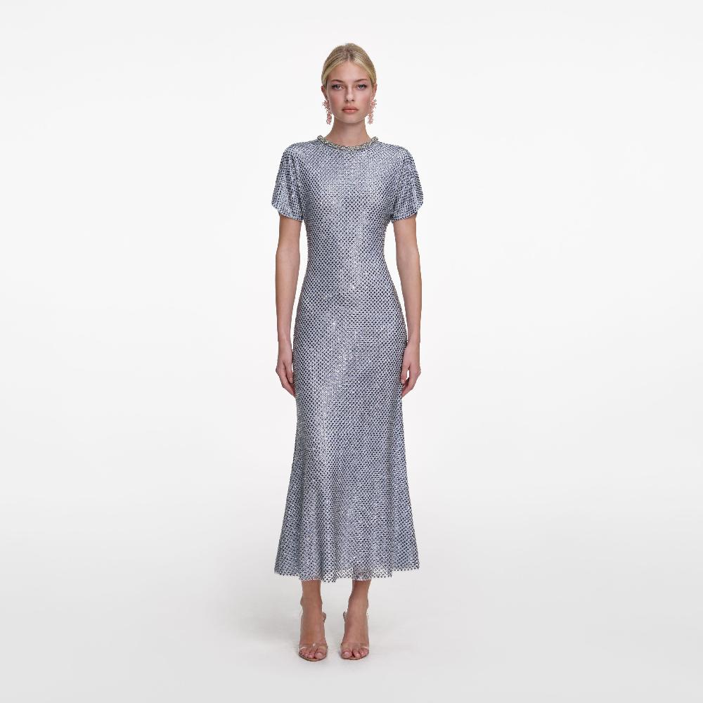 self portrait Blue Rhinestone Mesh Midi Dress CLOTHING