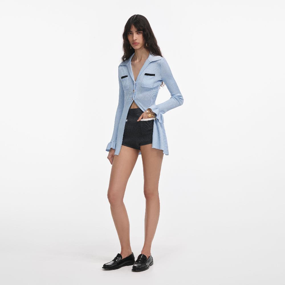 Self Portrait Blue Ribbed Viscose Knit Longline Top CLOTHING