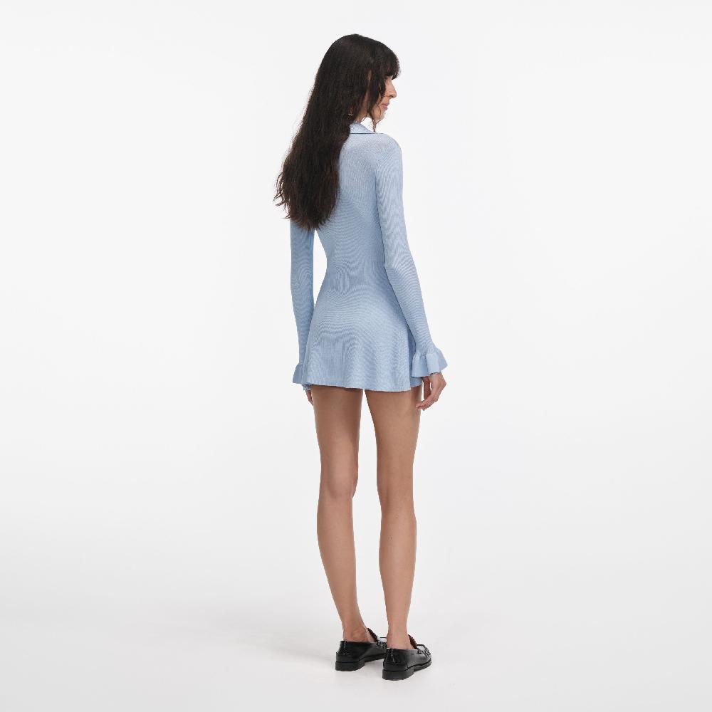 Self Portrait Blue Ribbed Viscose Knit Longline Top CLOTHING