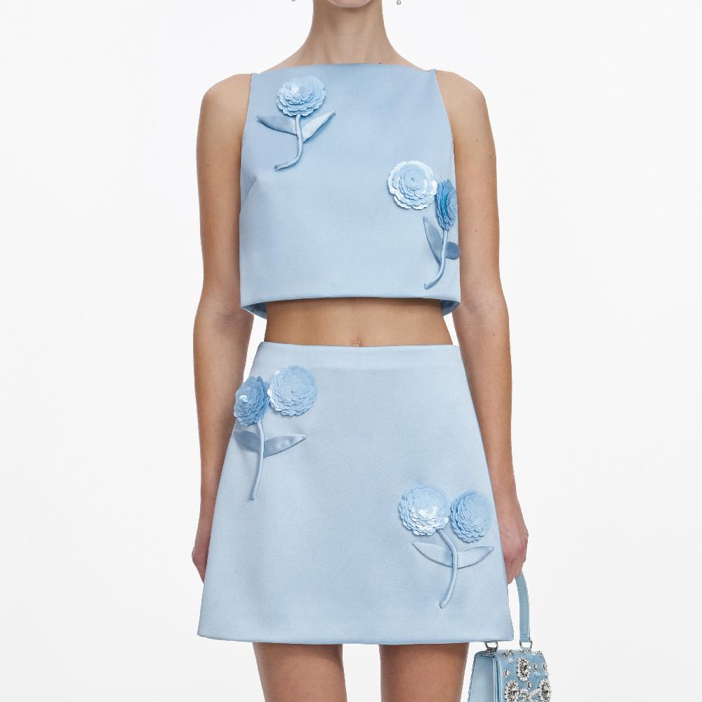 Self Portrait Blue Satin 3D Sequin Flower Top CLOTHING