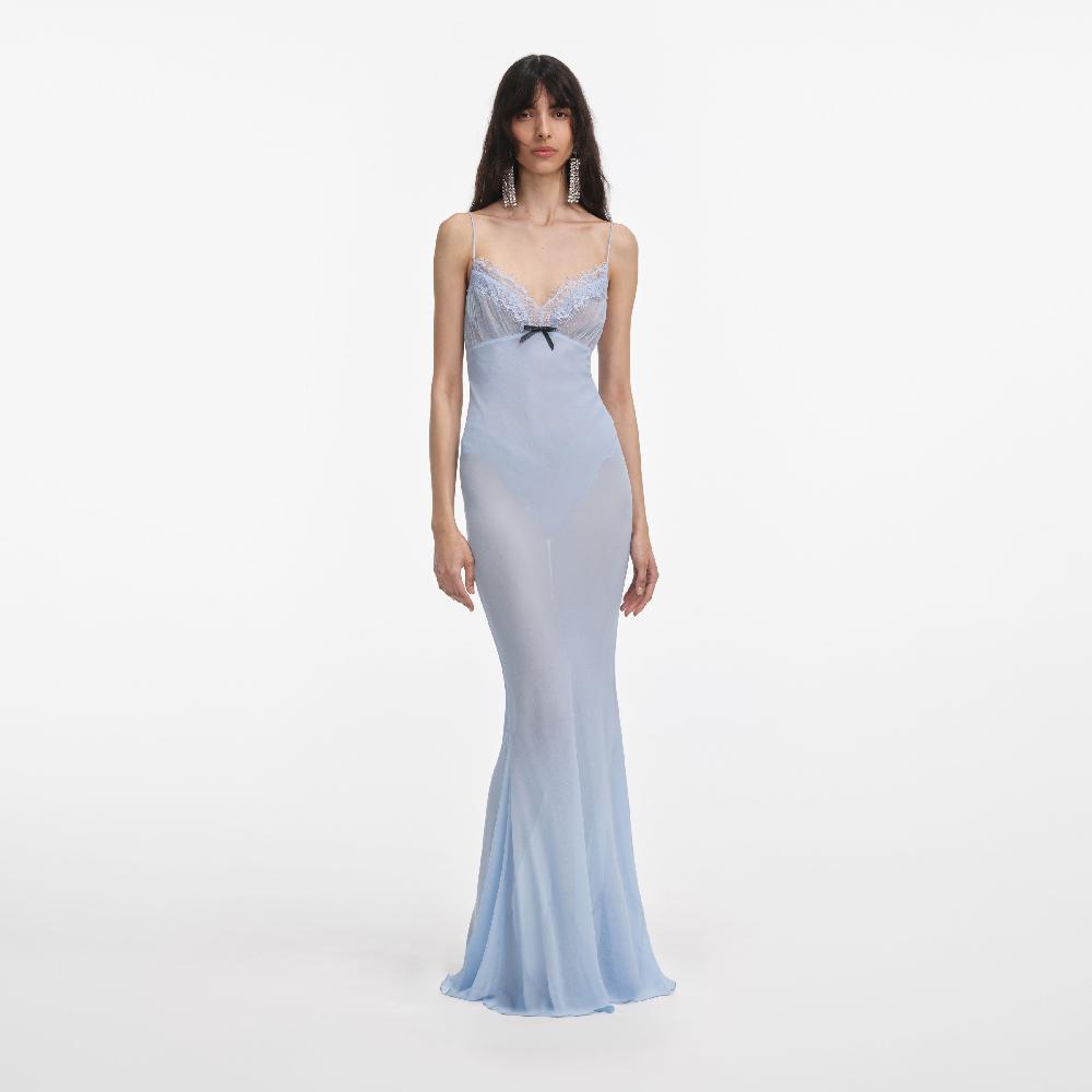 Self Portrait Blue Strappy Georgette Maxi Dress CLOTHING