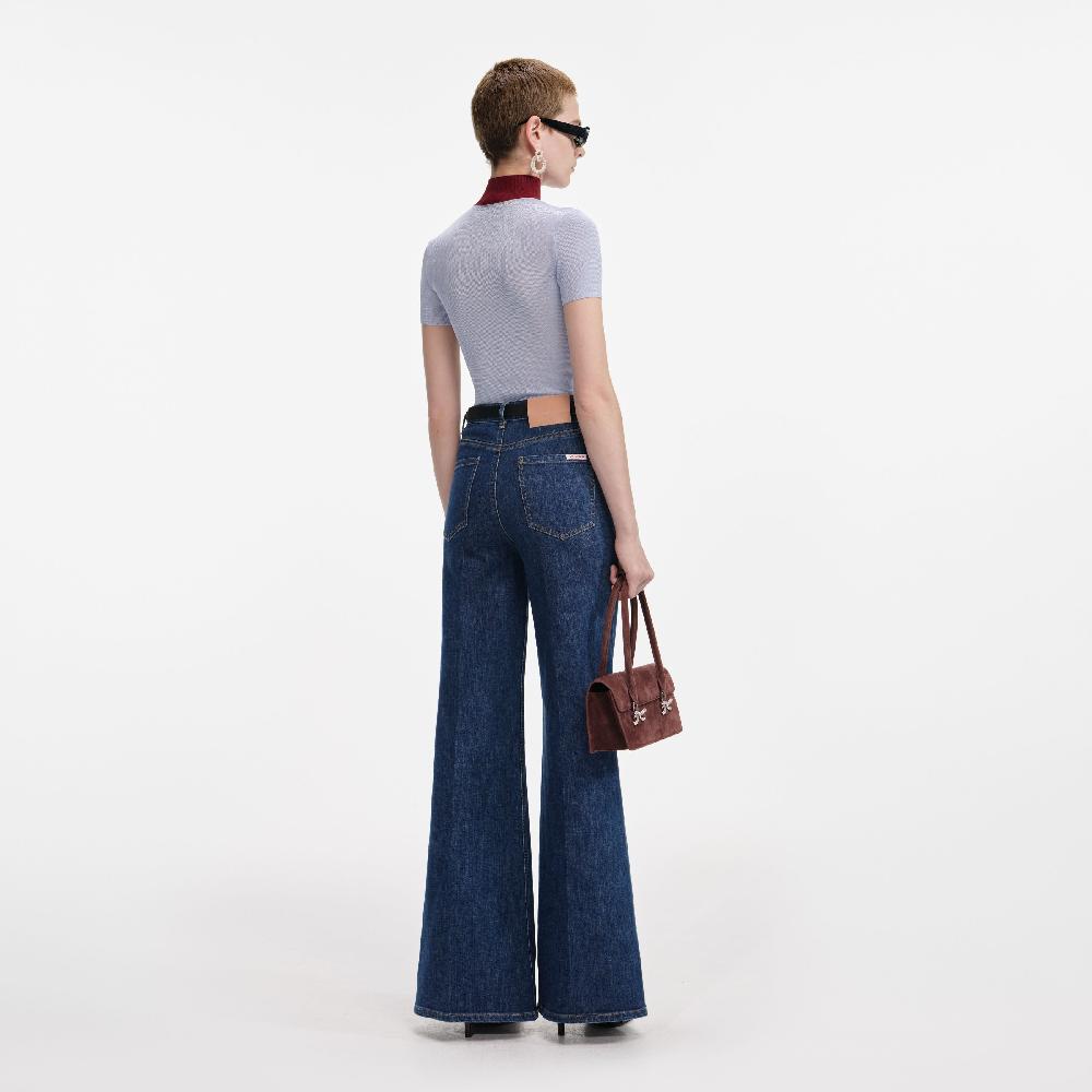 Self Portrait Blue Viscose Knit Short Sleeve Top CLOTHING