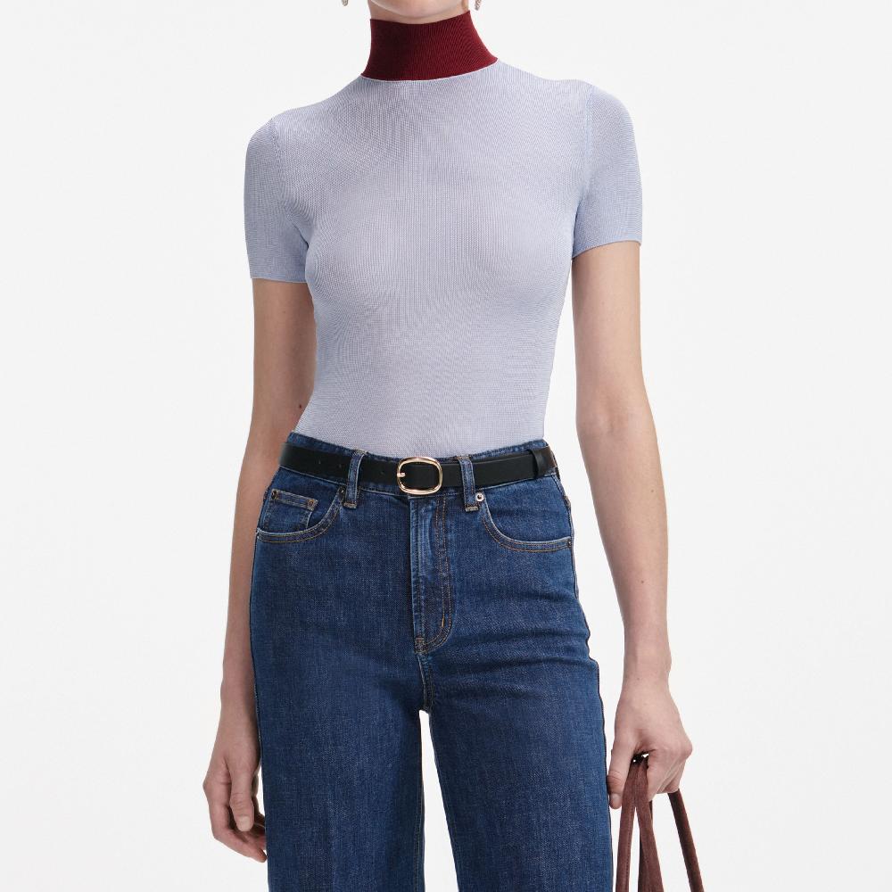 Self Portrait Blue Viscose Knit Short Sleeve Top CLOTHING