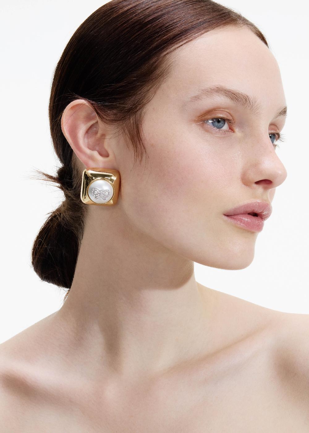 Self Portrait Bow Pearl Gold Square Earrings JEWELLERY