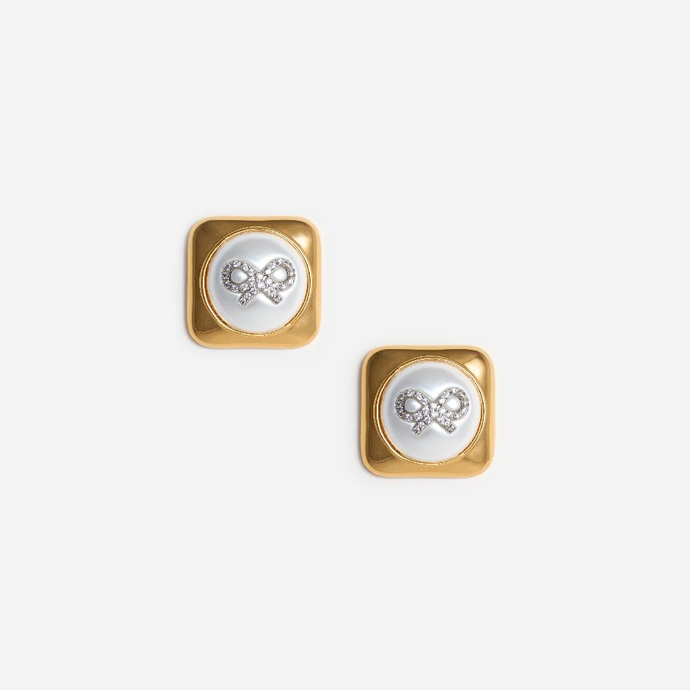self portrait Bow Pearl Gold Square Earrings JEWELLERY